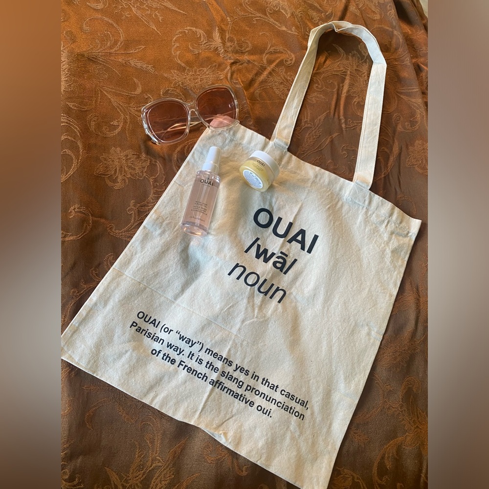 NEW Ouai RARE Cotton Tote w BONUS 1.5oz Rose Oil Spray + 1oz Scrub Jen Atkin
